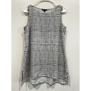 Eileen Fisher Textured Crepe Grid Long Shell  XXS Bateau-Neck Black White